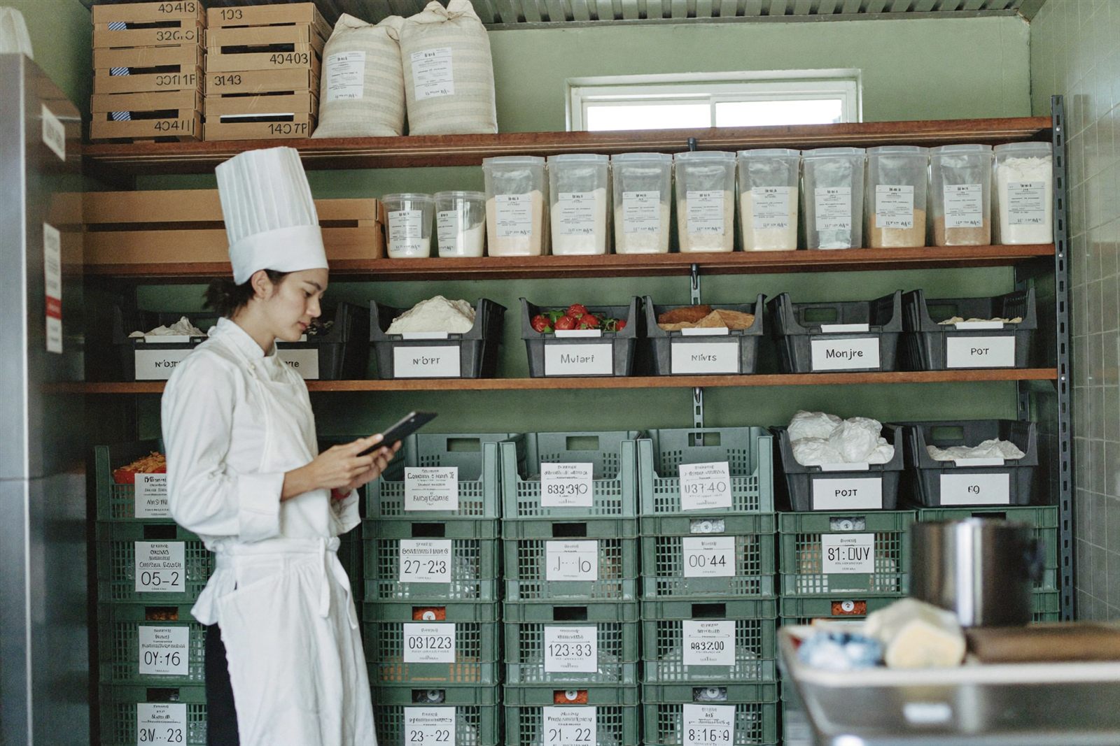 Chef counting dry-store inventory with a tablet